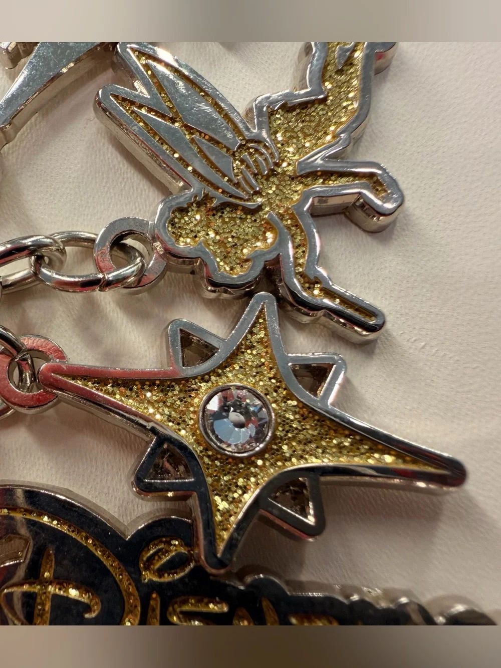 NWT Disneyland Paris Keychain Tinkerbell Sleeping Beauty Castle Gold Glitter